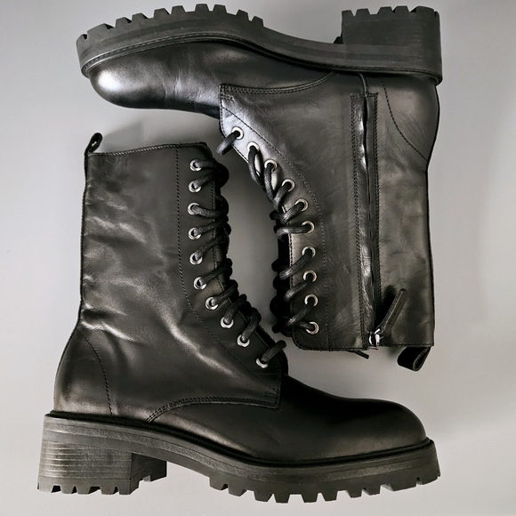 Massimo Dutti Black Leather Lace-Up Boots US 9 EU 40 Combat Biker Ankle Zipper - Picture 8 of 14